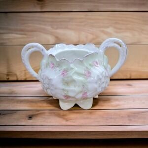 Vintage RS Prussia Red Star Green Wreath Footed w/ Handles Sugar Bowl Floral